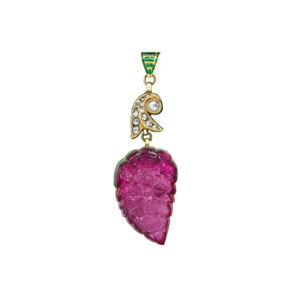Carved Pink Tourmaline Pendant with Polki and Enamel
